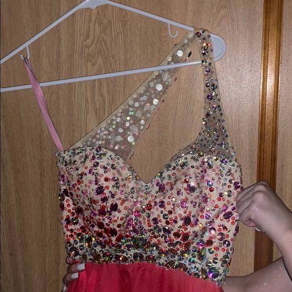 One shoulder open black sparkly coral prom dress - Picture 1 of 4